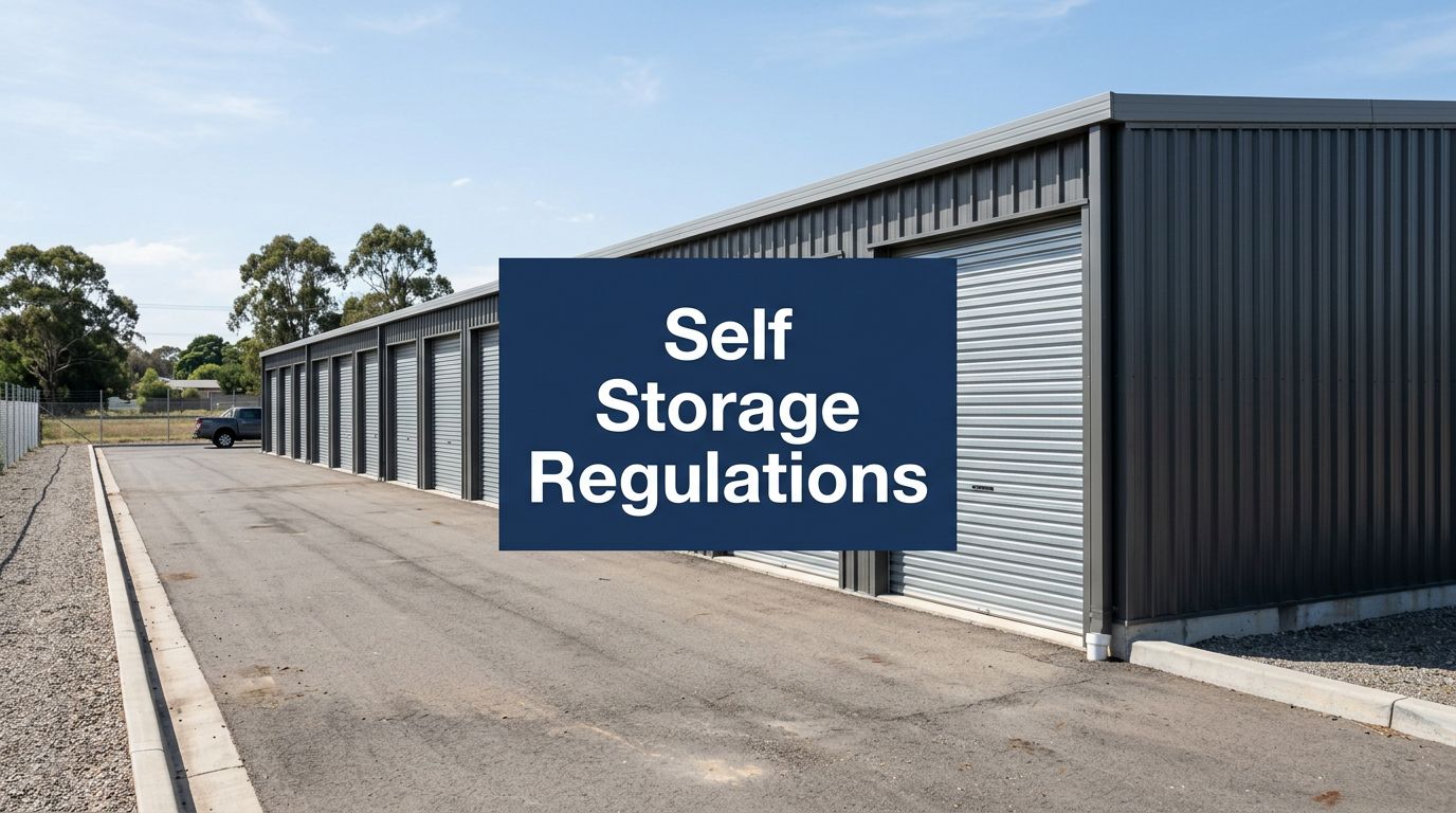 Row of metal self-storage units with closed roll-up doors on a paved lot under a blue sky. Overlay text reads: 