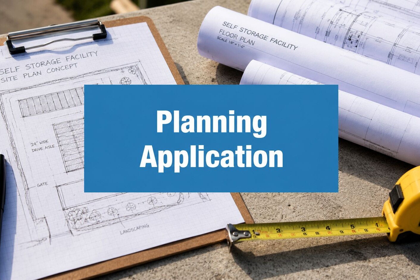 A clipboard with a site plan, blueprints, a pen, and a tape measure on a concrete surface. The words 