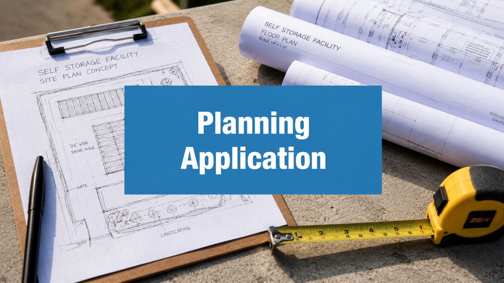 A clipboard with a site plan, blueprints, a pen, and a tape measure on a concrete surface. The words 