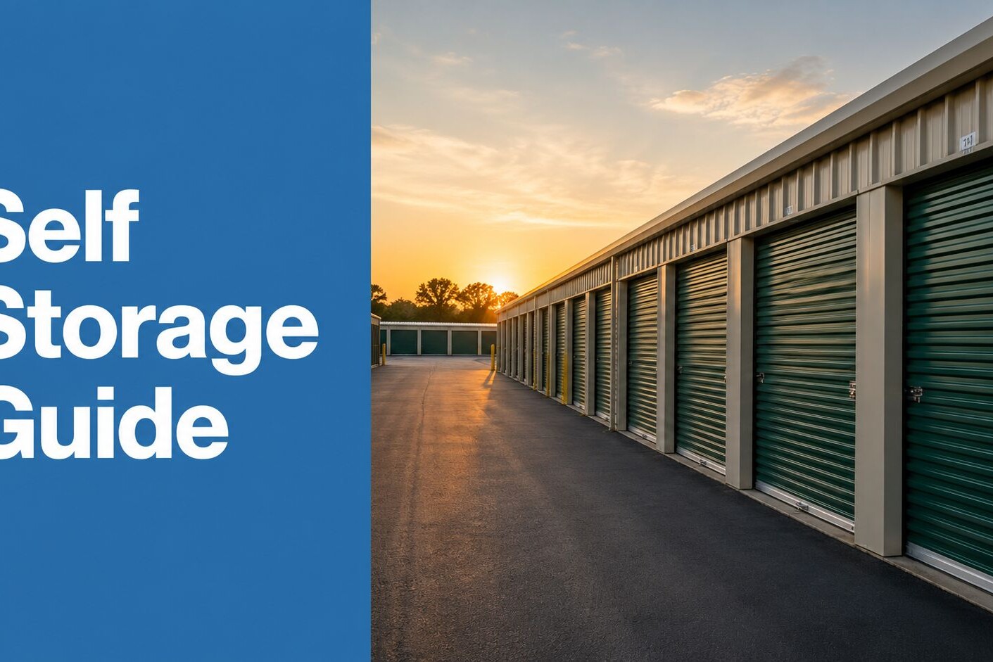 A row of green self-storage units is shown at sunset, with a blue panel on the left displaying the white text 