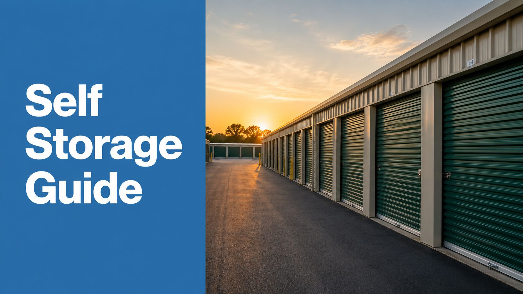 A row of green self-storage units is shown at sunset, with a blue panel on the left displaying the white text 