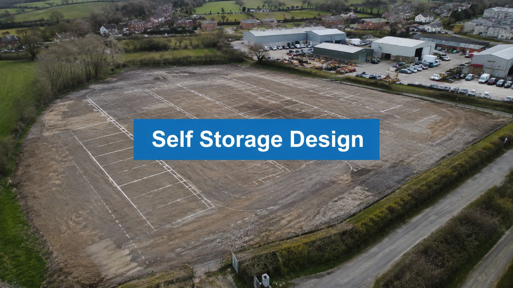 Aerial view of a large, cleared dirt lot with white lines marking sections, bordered by roads and trees, with nearby buildings and parked cars. Text overlay reads “Self Storage Design.”.