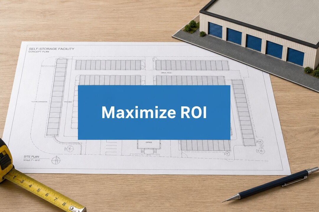 A self-storage facility blueprint on a desk with a tape measure, pen, and model building, overlaid with a blue box that says “Maximize ROI.”.