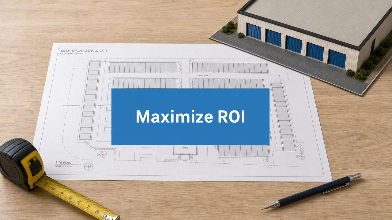 A self-storage facility blueprint on a desk with a tape measure, pen, and model building, overlaid with a blue box that says “Maximize ROI.”.