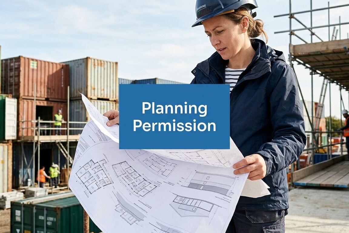 A woman in construction gear examines blueprints at a shipping container site. A blue sign reading 