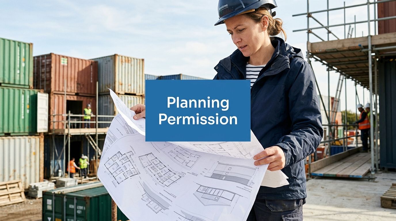 A woman in construction gear examines blueprints at a shipping container site. A blue sign reading 