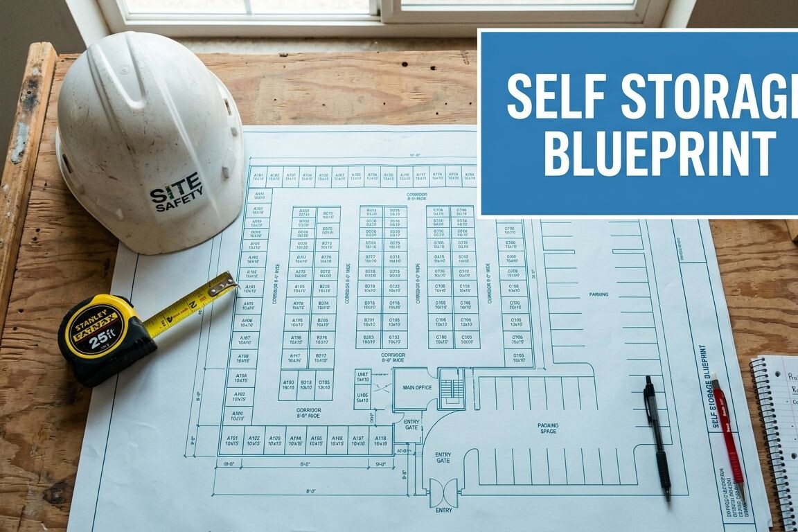 A construction helmet, tape measure, and pen rest on a wooden table with a self storage facility blueprint. A notebook and the text 