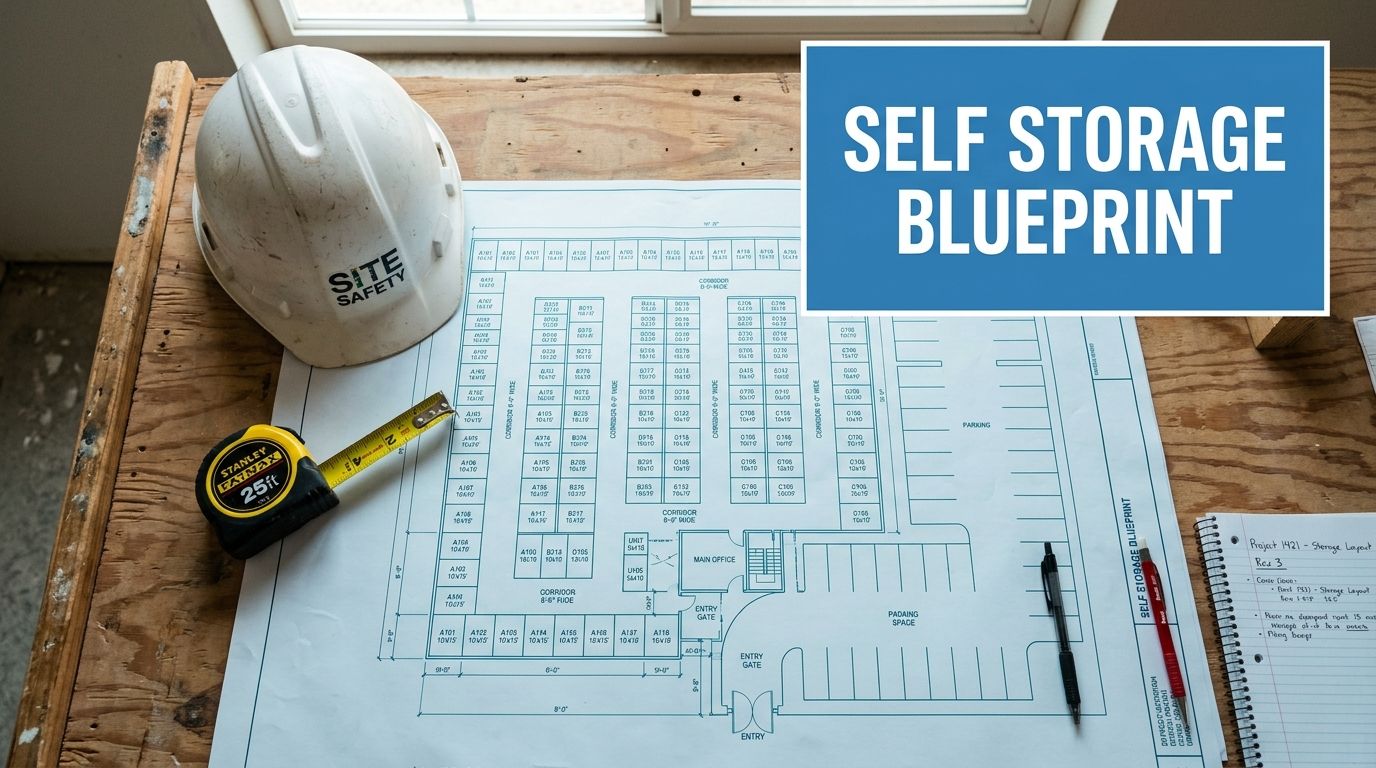 A construction helmet, tape measure, and pen rest on a wooden table with a self storage facility blueprint. A notebook and the text "SELF STORAGE BLUEPRINT" are visible.