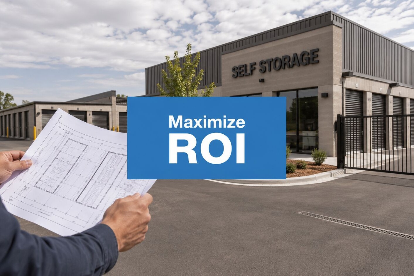 A person holding building plans stands in front of a modern self-storage facility. A sign reads 