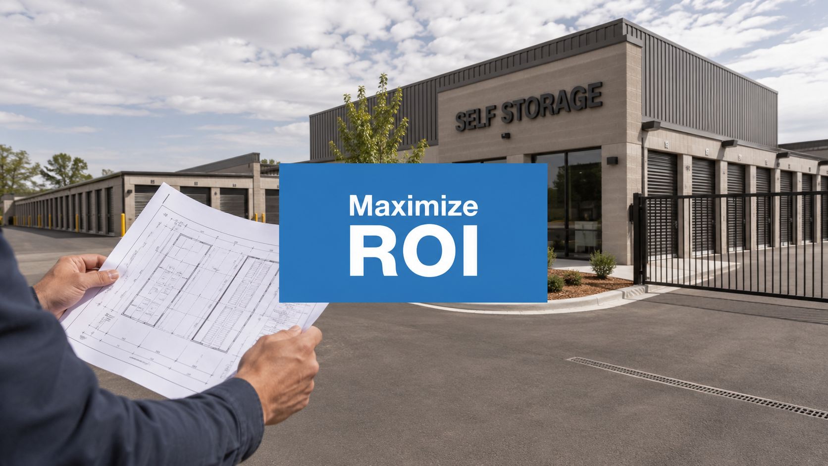 A person holding building plans stands in front of a modern self-storage facility. A sign reads "Maximize ROI," suggesting an investment or business opportunity.