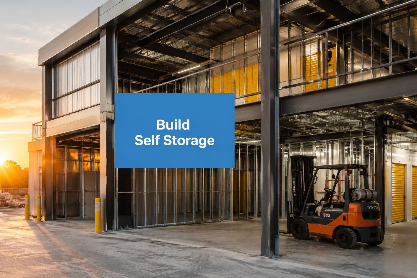 A partially constructed self storage facility with yellow doors, a forklift, and a blue sign that reads 