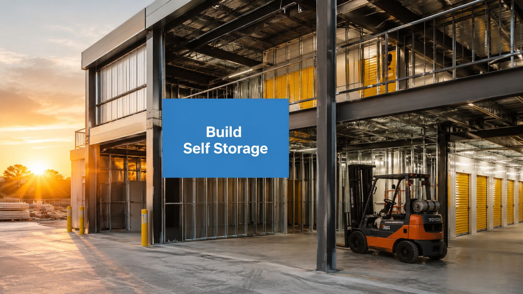 A partially constructed self storage facility with yellow doors, a forklift, and a blue sign that reads "Build Self Storage." The sun is setting in the background.