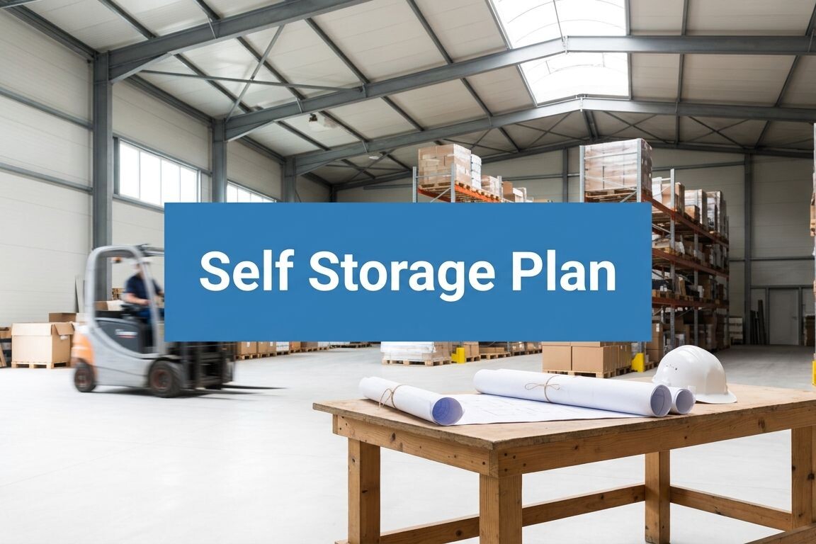 A warehouse interior with shelves of boxes, a forklift in motion, and a table holding blueprints and a hard hat. A blue banner in the center reads 