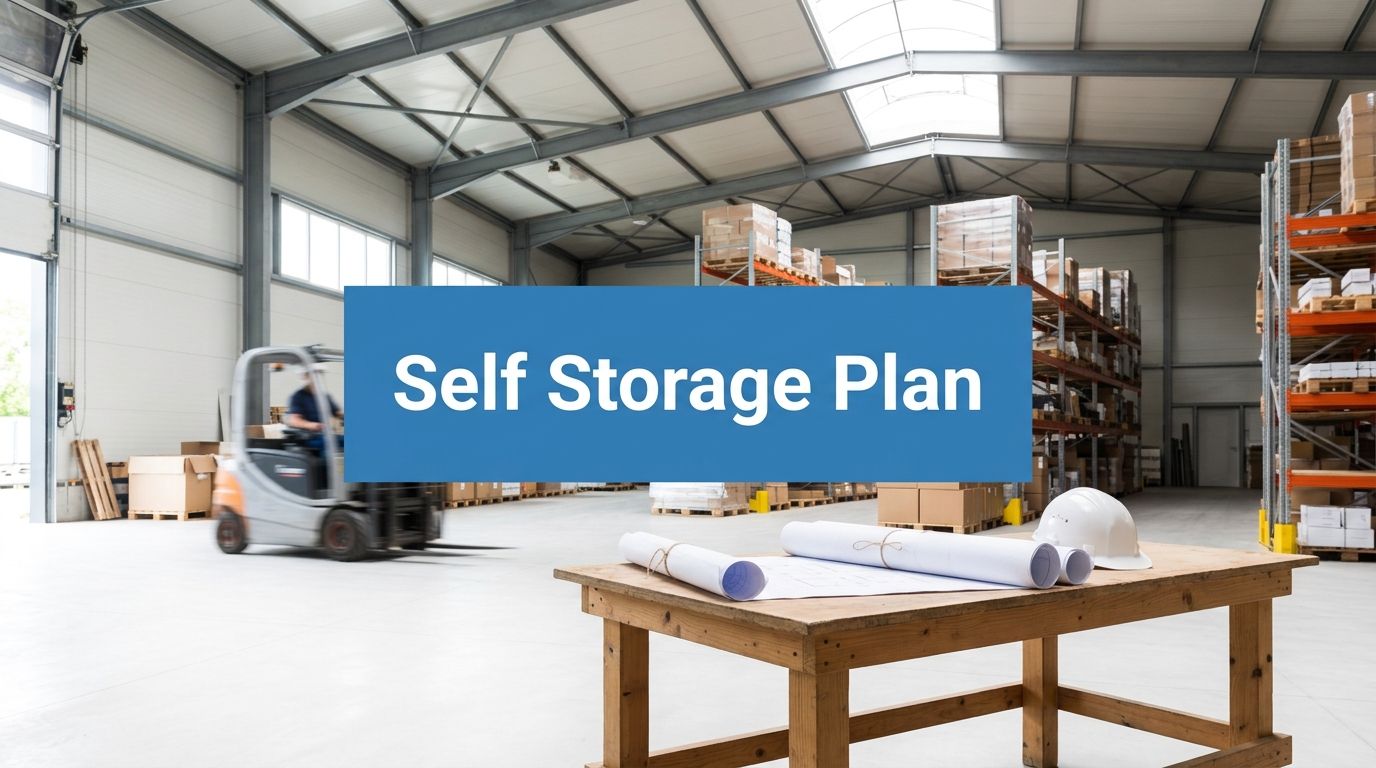 A warehouse interior with shelves of boxes, a forklift in motion, and a table holding blueprints and a hard hat. A blue banner in the center reads 