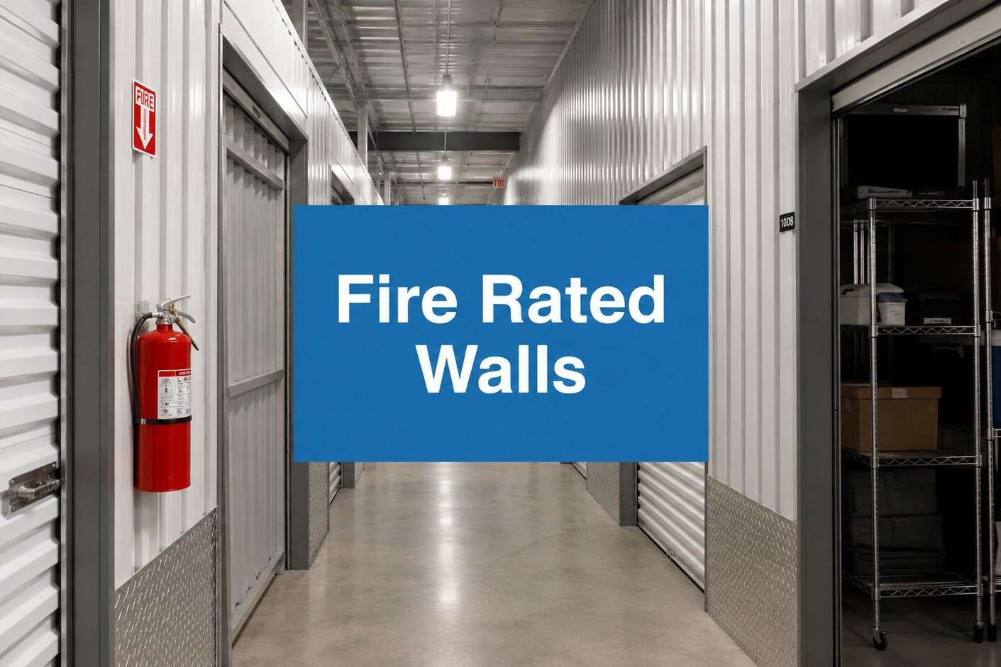 A hallway with metal storage unit doors, a fire extinguisher mounted on the wall, and a blue sign in the center that reads, “Fire Rated Walls.”.