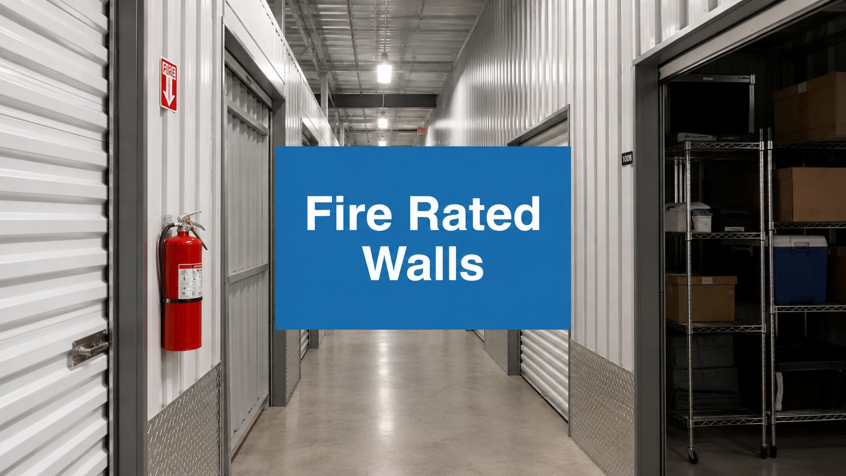 A hallway with metal storage unit doors, a fire extinguisher mounted on the wall, and a blue sign in the center that reads, “Fire Rated Walls.”.