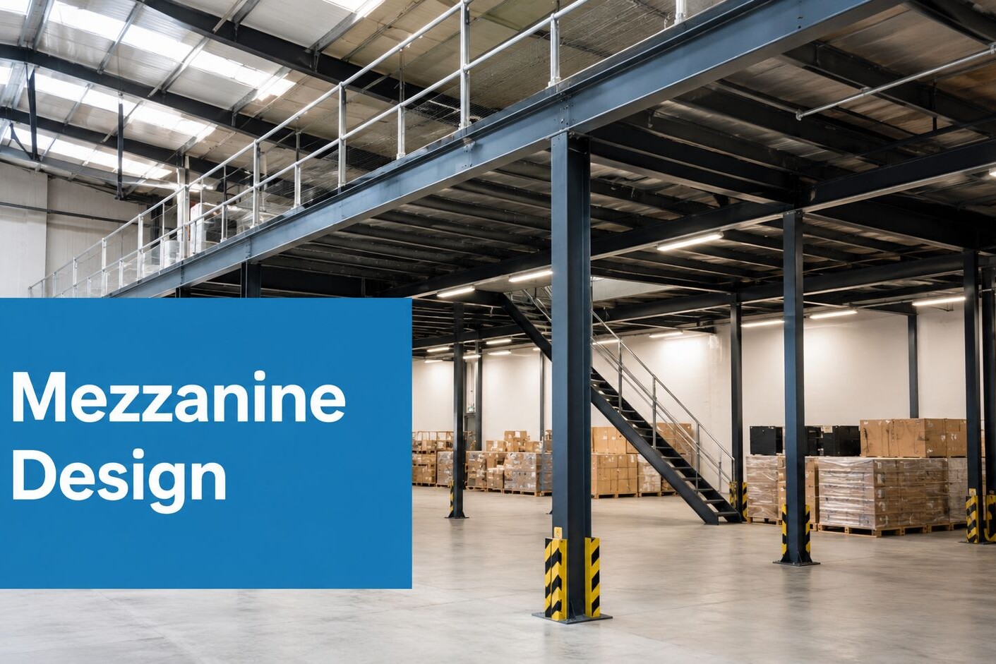 Modern warehouse interior with a metal mezzanine, stairs, and stacked wooden crates. A blue box in the foreground displays the text “Mezzanine Design.”.