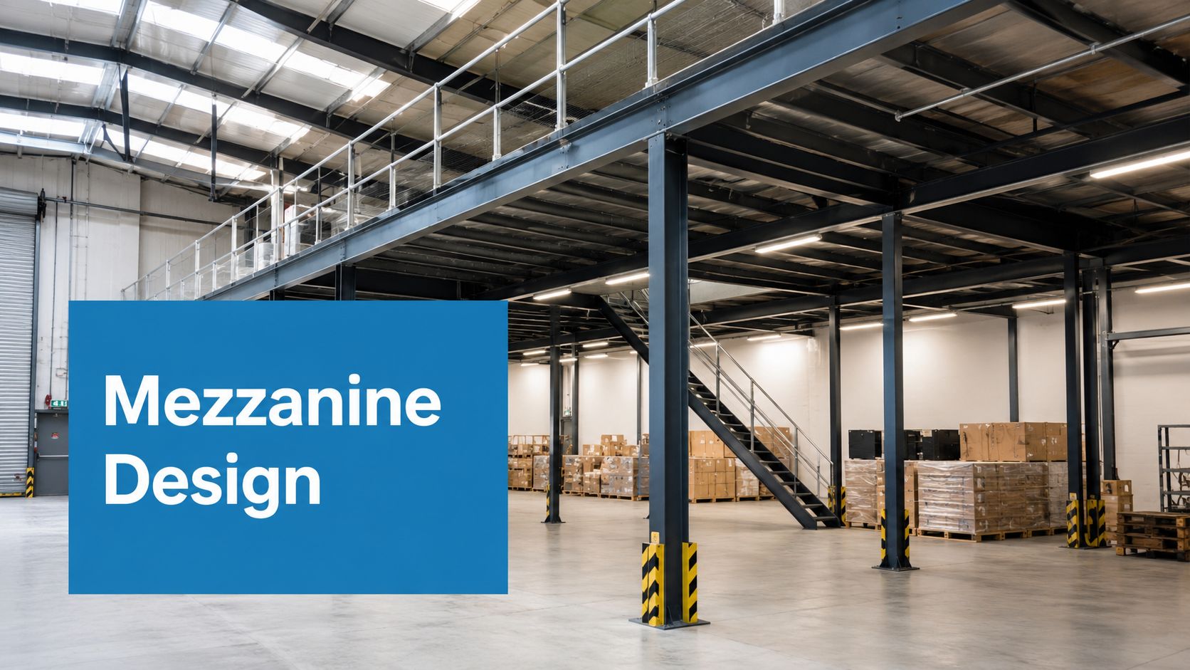Modern warehouse interior with a metal mezzanine, stairs, and stacked wooden crates. A blue box in the foreground displays the text “Mezzanine Design.”.