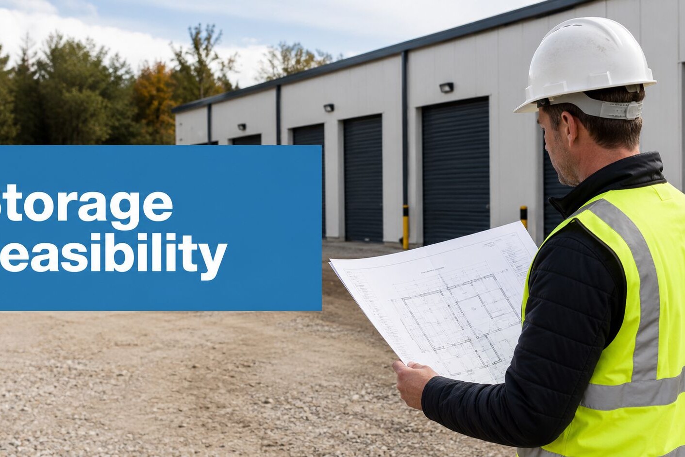 A person in a hard hat and safety vest examines blueprints outside storage units. A blue box on the image reads “Storage Feasibility.” Trees and a clear sky are in the background.
