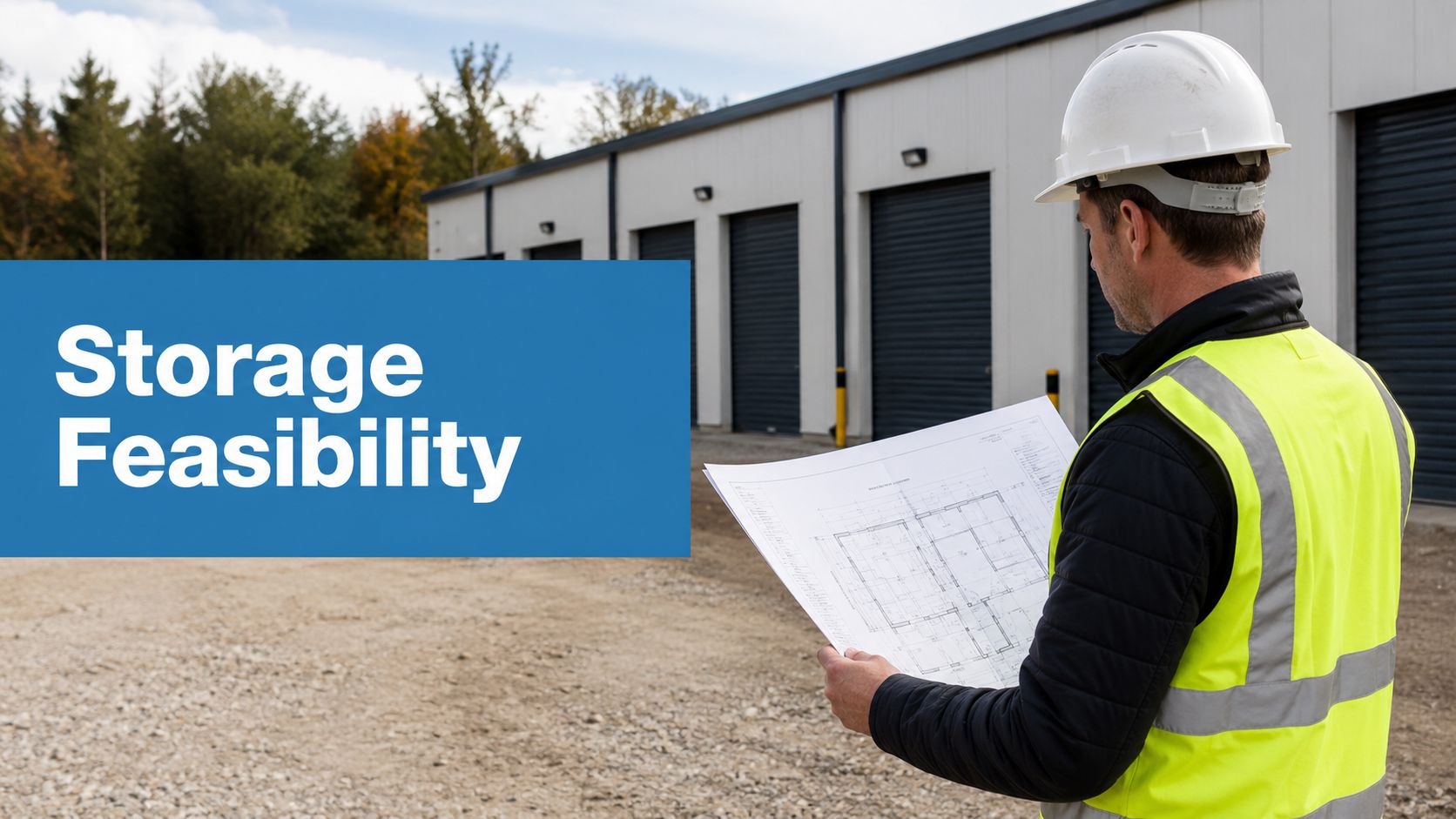 A person in a hard hat and safety vest examines blueprints outside storage units. A blue box on the image reads “Storage Feasibility.” Trees and a clear sky are in the background.