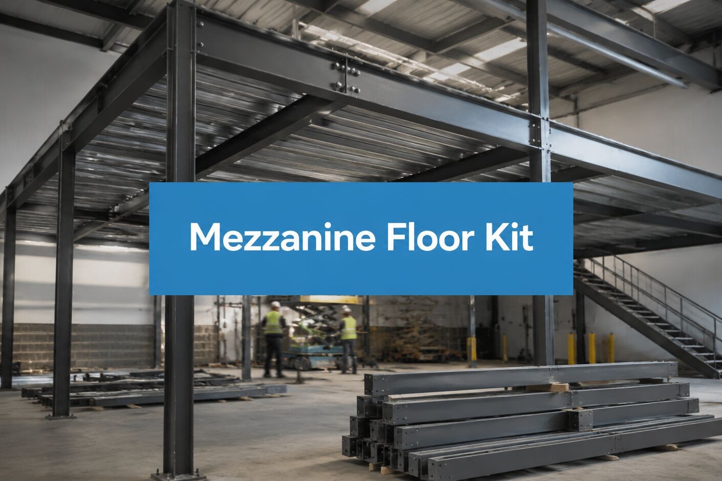 A large metal mezzanine floor structure in a warehouse with a sign reading “Mezzanine Floor Kit.” Two workers and stacked metal beams are visible in the background.