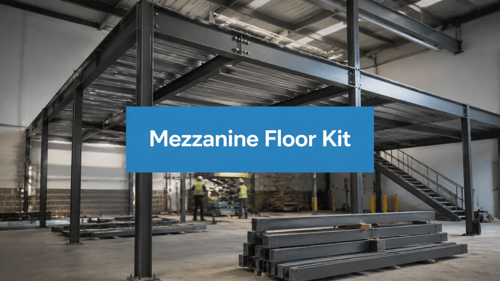 A large metal mezzanine floor structure in a warehouse with a sign reading “Mezzanine Floor Kit.” Two workers and stacked metal beams are visible in the background.