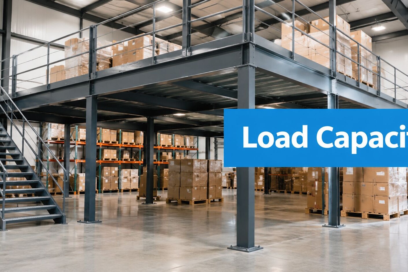 Warehouse interior with metal mezzanine floor, stairs, and shelves stacked with cardboard boxes. A blue sign with white text reads “Load Capacity.”.