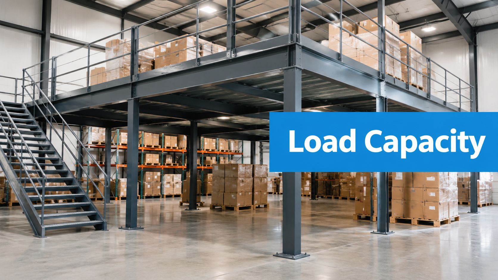 Warehouse interior with metal mezzanine floor, stairs, and shelves stacked with cardboard boxes. A blue sign with white text reads “Load Capacity.”.
