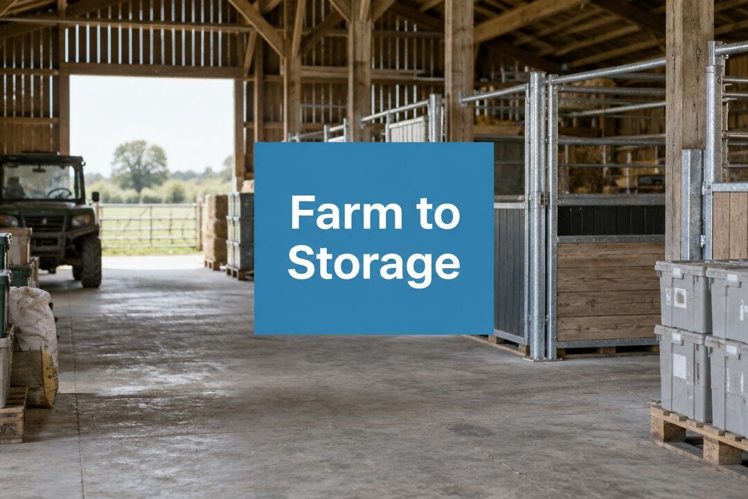 Inside a large barn with wooden beams, storage containers are stacked on pallets, and a vehicle is parked near an open entrance. A blue box with the text “Farm to Storage” is centered in the image.