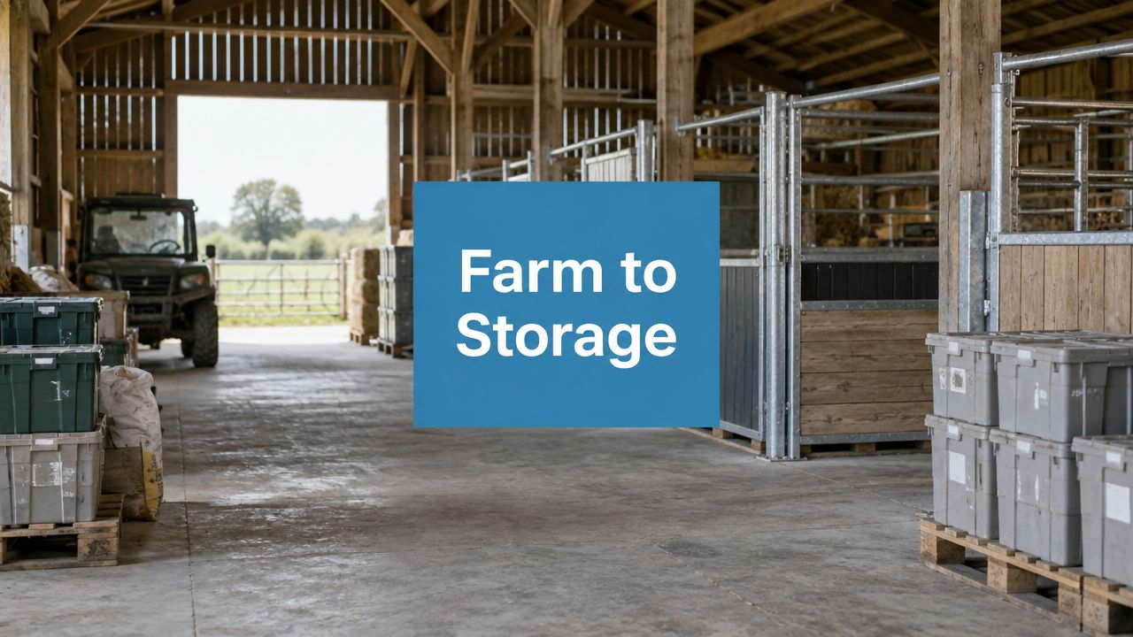 Inside a large barn with wooden beams, storage containers are stacked on pallets, and a vehicle is parked near an open entrance. A blue box with the text “Farm to Storage” is centered in the image.