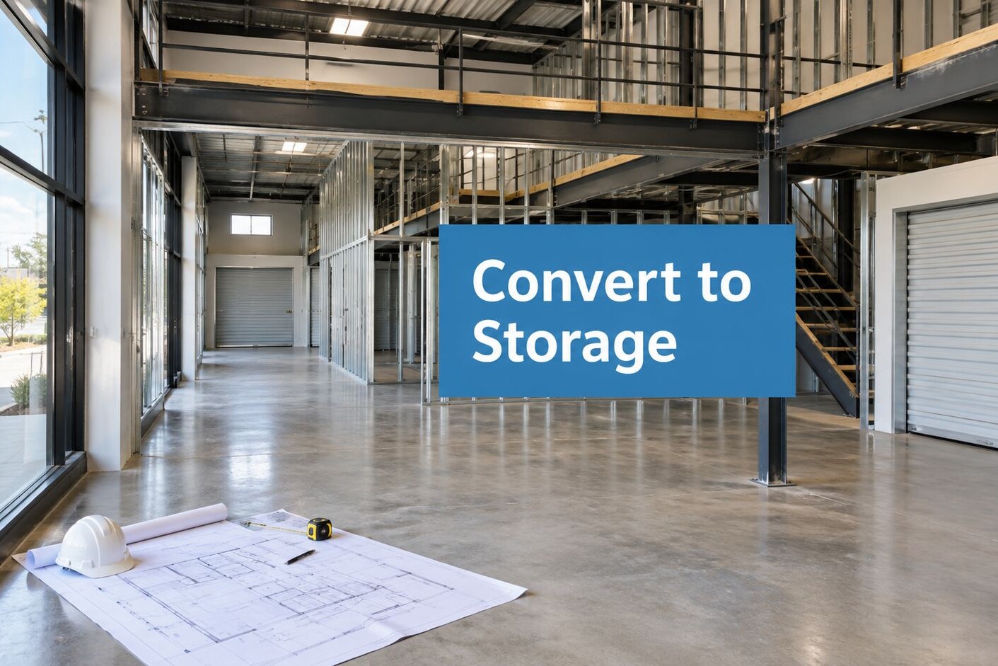 A large industrial warehouse with blueprints, hard hat, and measuring tape on the floor. A sign reads “Convert to Storage.” There are mezzanines, stairs, large windows, and metal roll-up doors inside the building.