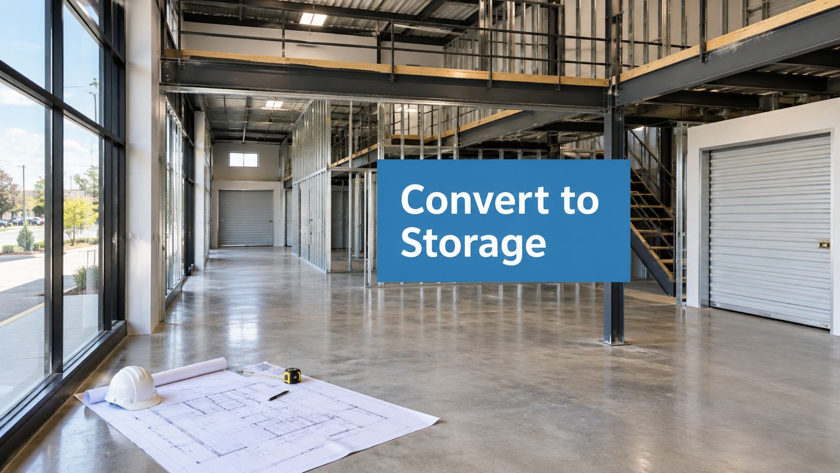 A large industrial warehouse with blueprints, hard hat, and measuring tape on the floor. A sign reads “Convert to Storage.” There are mezzanines, stairs, large windows, and metal roll-up doors inside the building.