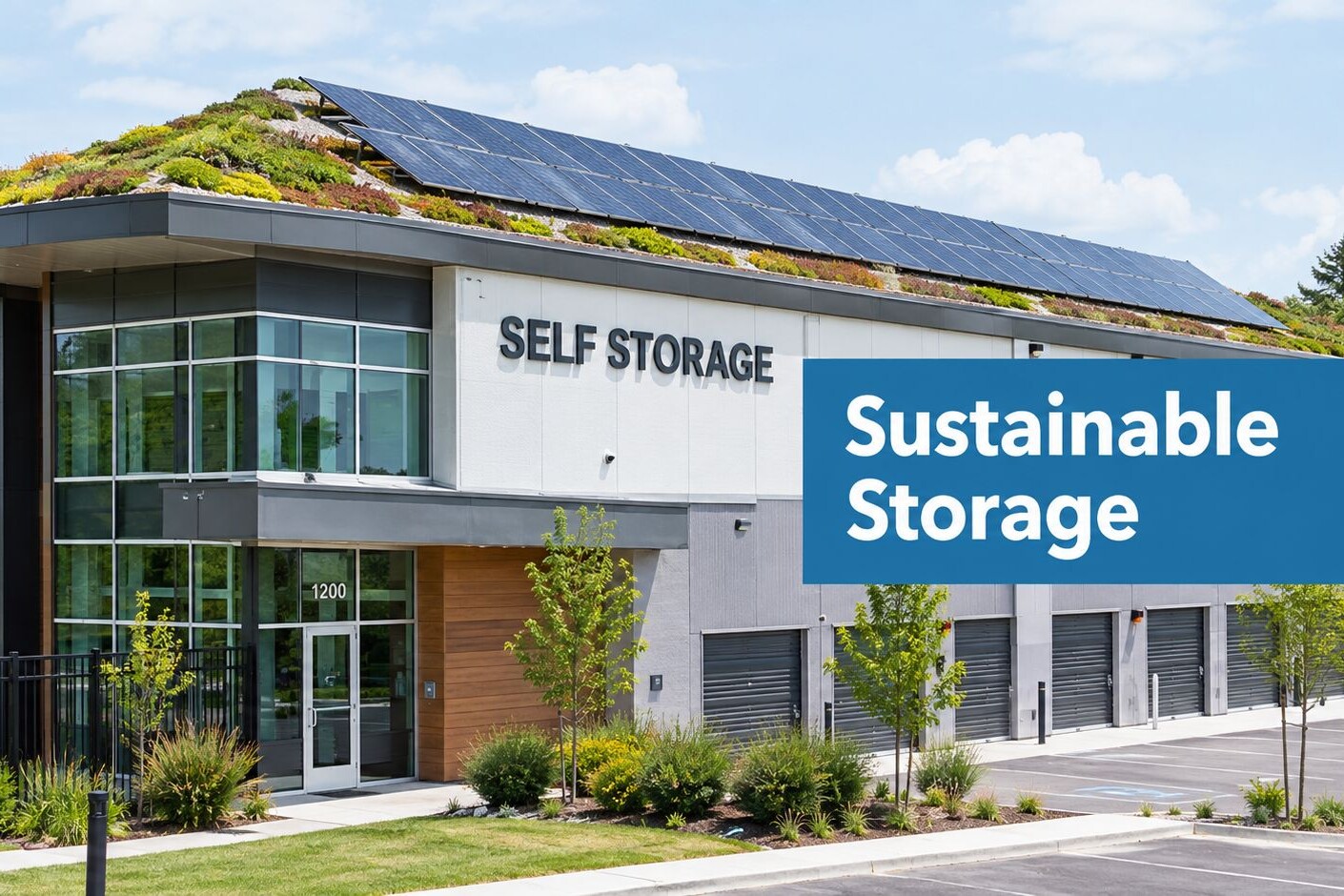 Modern self-storage building with solar panels and a green roof, surrounded by landscaped greenery. A sign reads “Sustainable Storage.”.