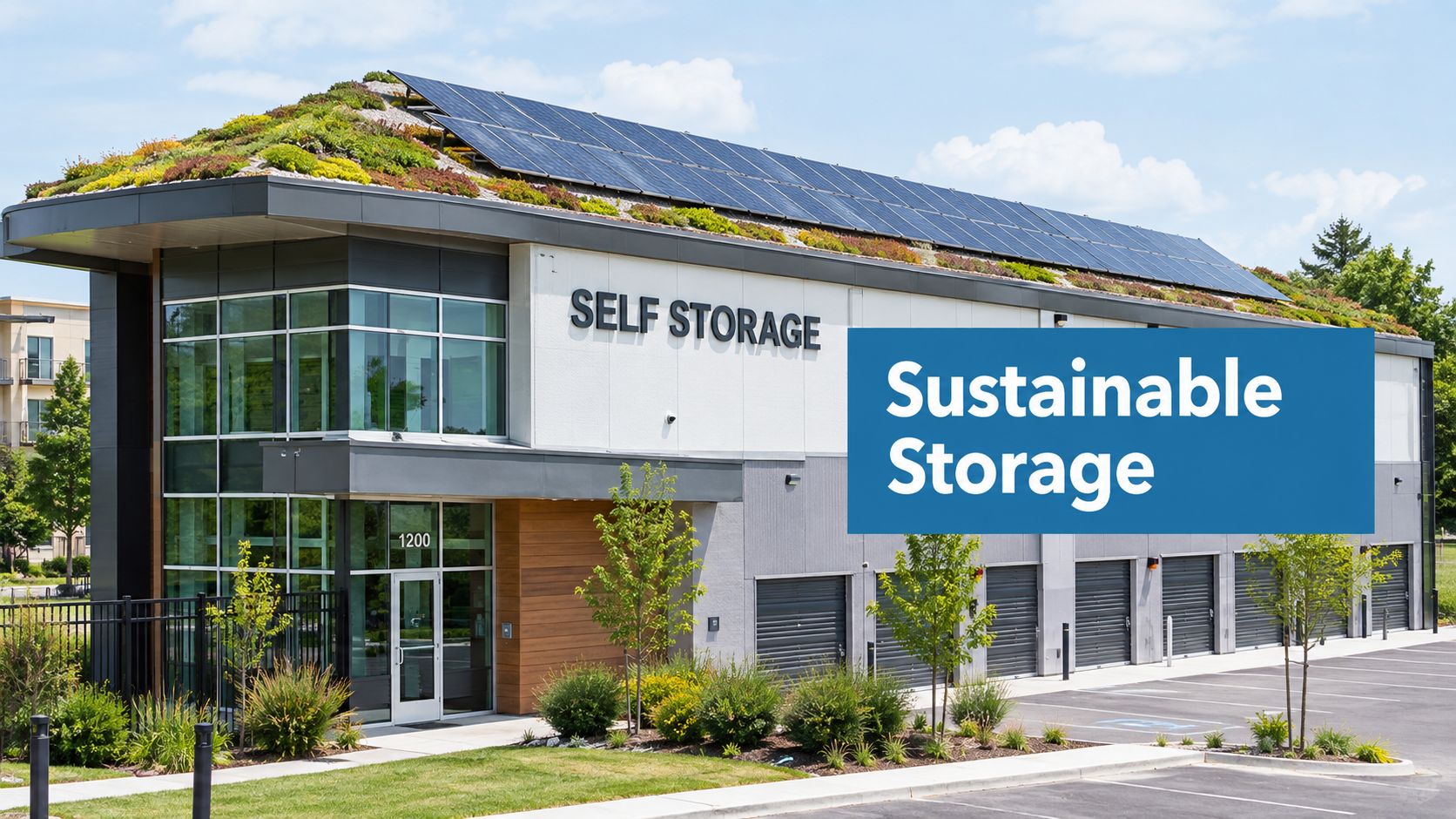Modern self-storage building with solar panels and a green roof, surrounded by landscaped greenery. A sign reads “Sustainable Storage.”.