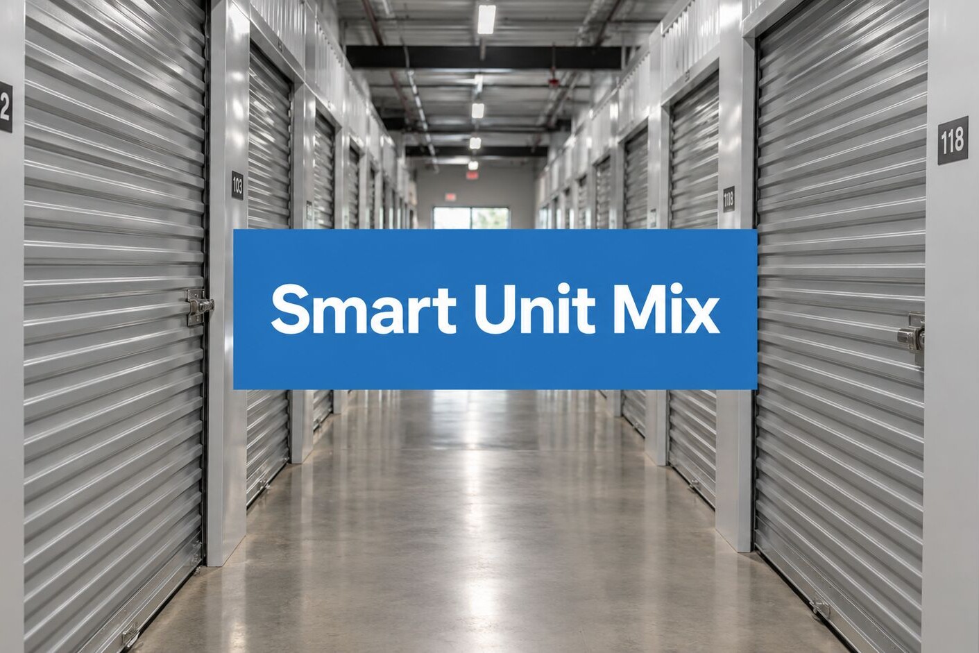 A hallway of storage units with metal roll-up doors and numbers 102 and 118 visible. A blue rectangle in the center displays the text “Smart Unit Mix.”.