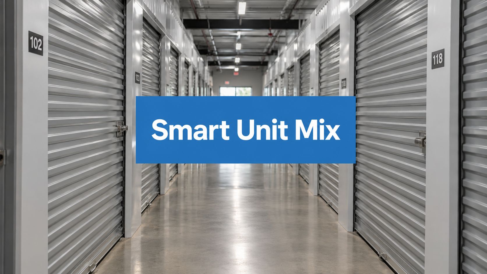 A hallway of storage units with metal roll-up doors and numbers 102 and 118 visible. A blue rectangle in the center displays the text “Smart Unit Mix.”.