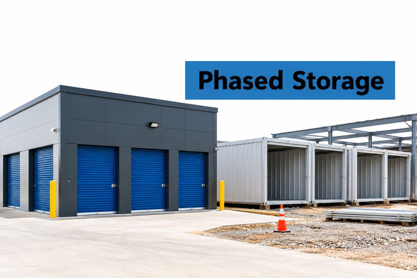 A storage facility featuring a completed dark grey building with blue rolling doors next to an adjacent structure under construction, with the text “Phased Storage” overlaid in a blue box.