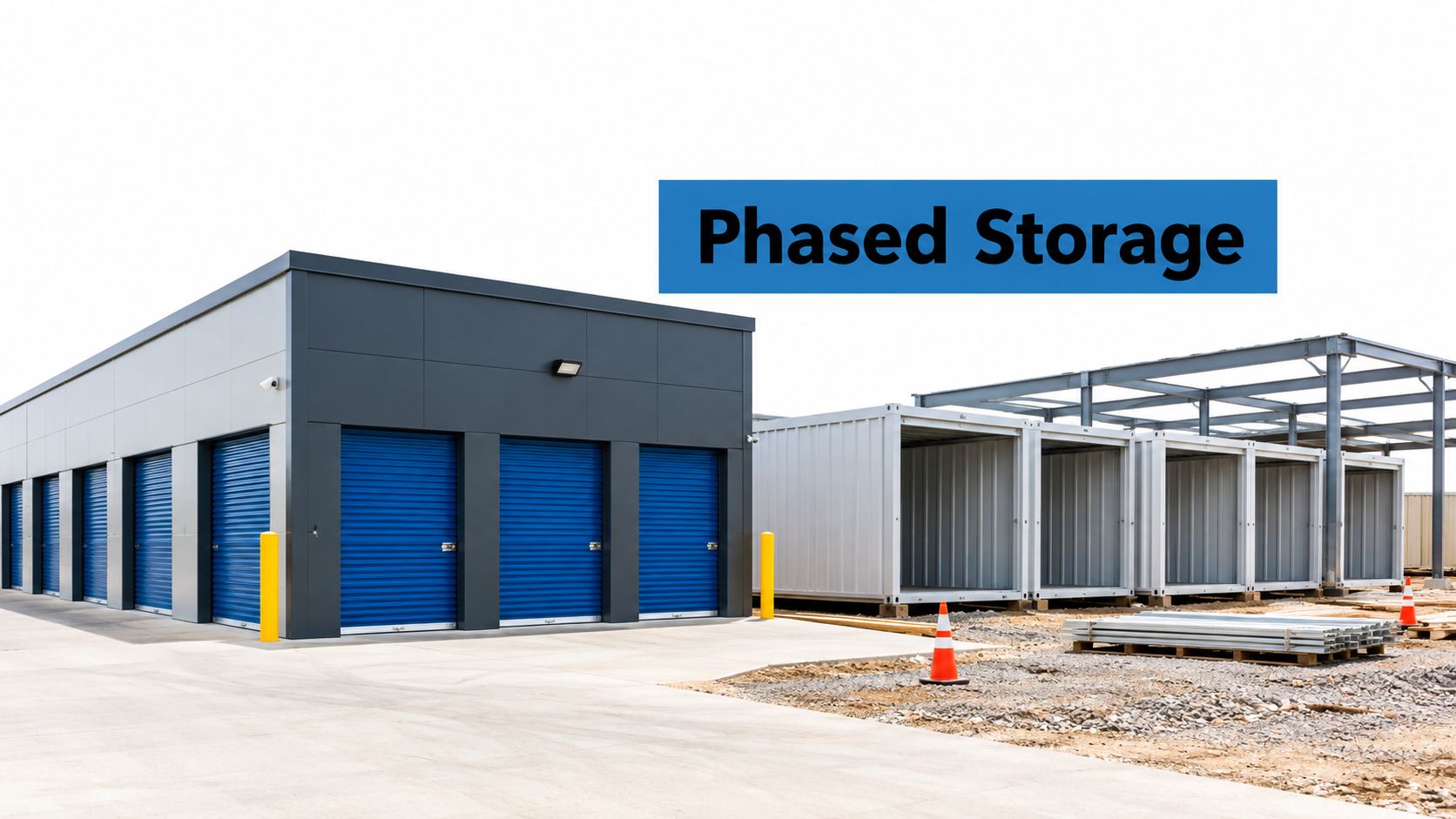 A storage facility featuring a completed dark grey building with blue rolling doors next to an adjacent structure under construction, with the text “Phased Storage” overlaid in a blue box.