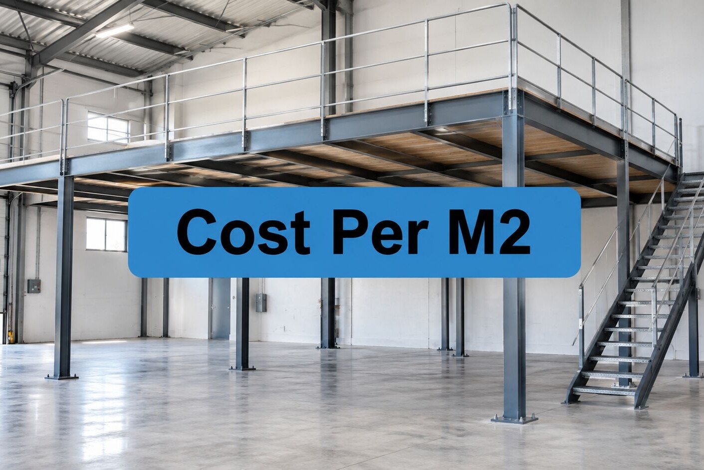 A large, empty warehouse space featuring an elevated metal mezzanine platform with stairs and the text “Cost Per M2” overlaid in a blue box.