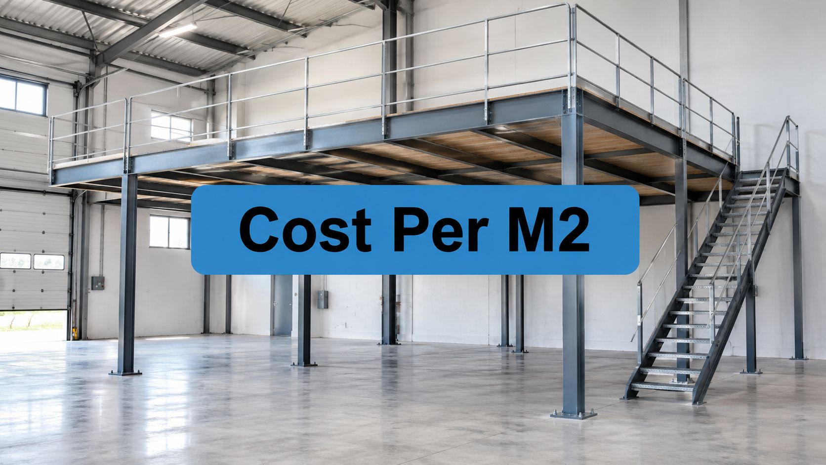 A large, empty warehouse space featuring an elevated metal mezzanine platform with stairs and the text “Cost Per M2” overlaid in a blue box.