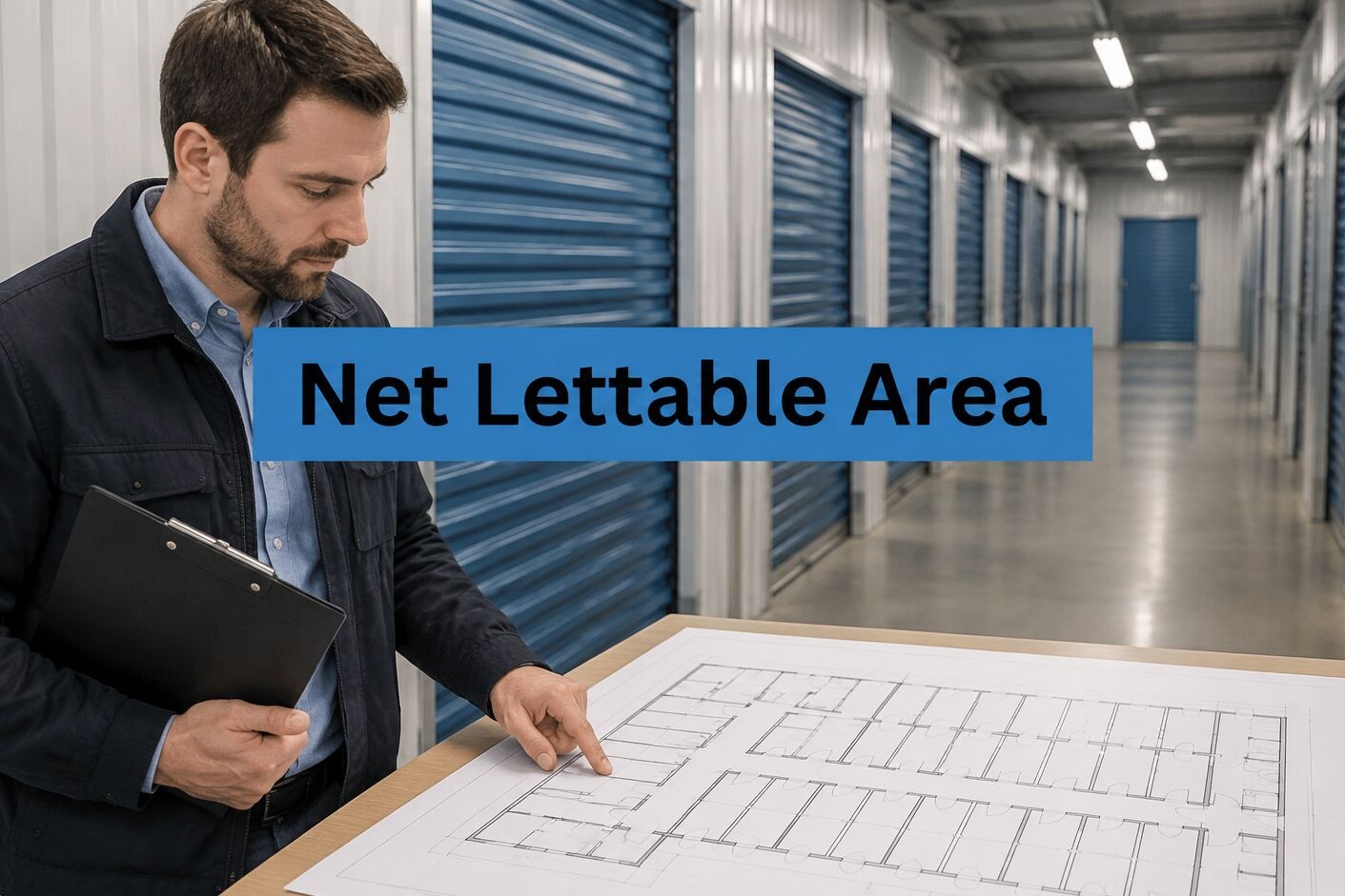 A man holding a clipboard points at a floor plan on a table in a storage facility hallway, with the text “Net Lettable Area” overlaid on the image.