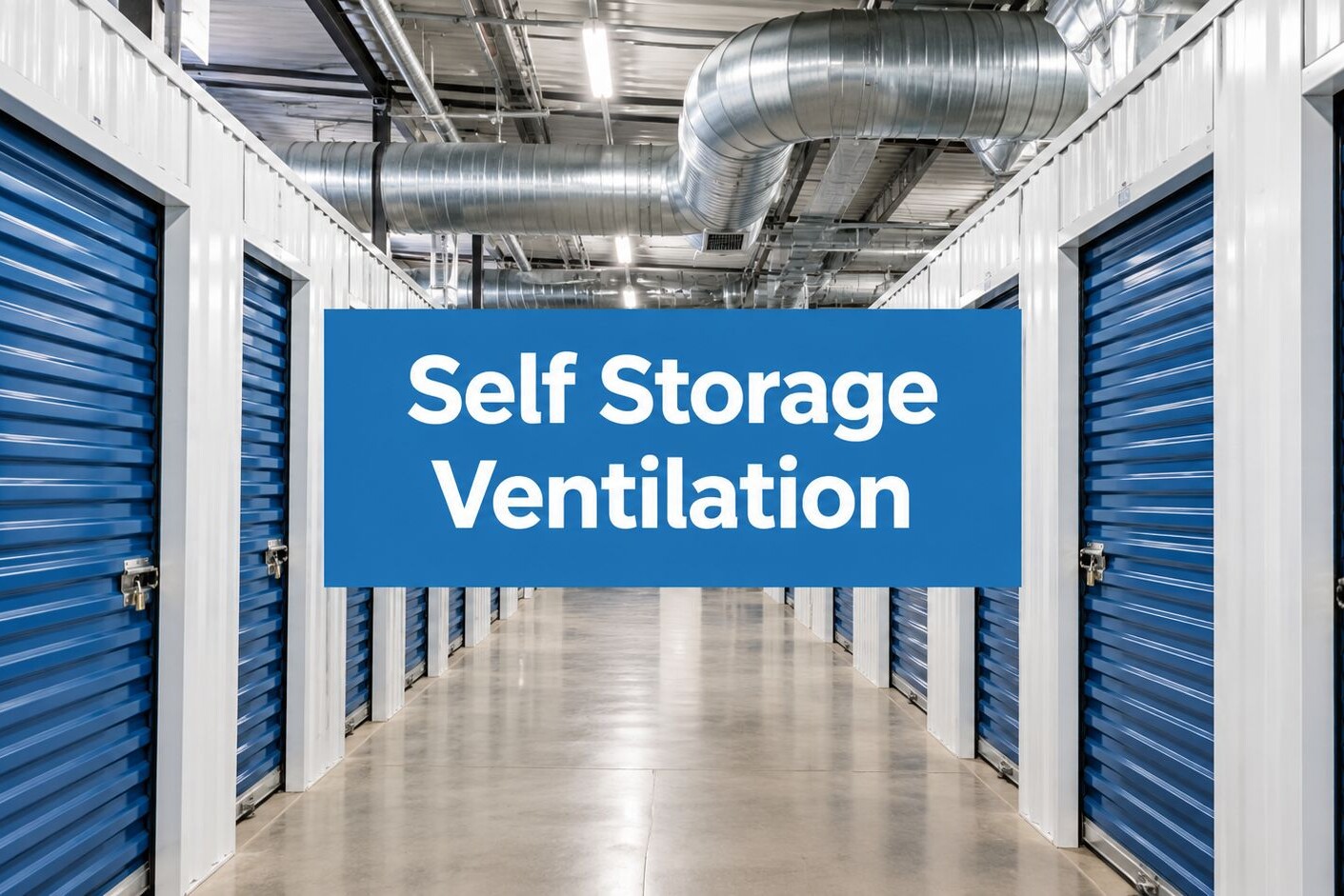A hallway with blue roll-up doors on storage units, large ventilation ducts on the ceiling, and a sign reading “Self Storage Ventilation.”.