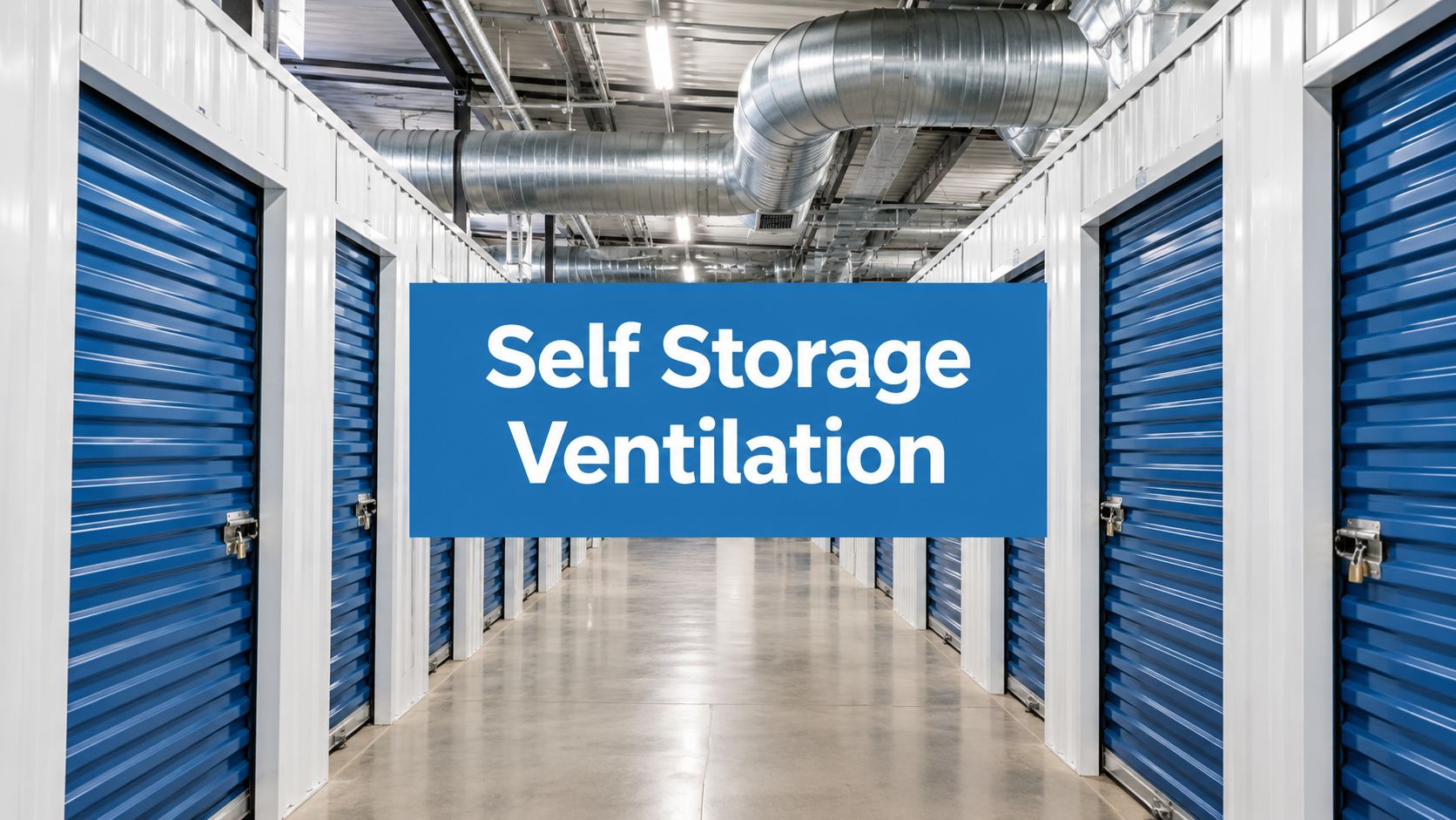 A hallway with blue roll-up doors on storage units, large ventilation ducts on the ceiling, and a sign reading “Self Storage Ventilation.”.